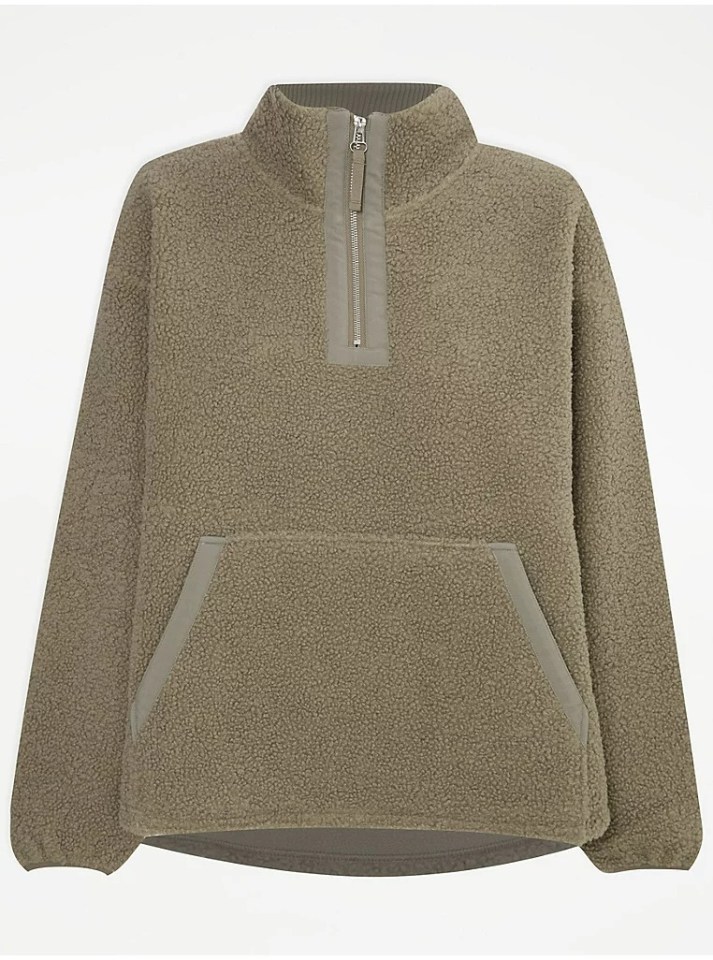 Olive green fleece pullover with half zip and kangaroo pocket.