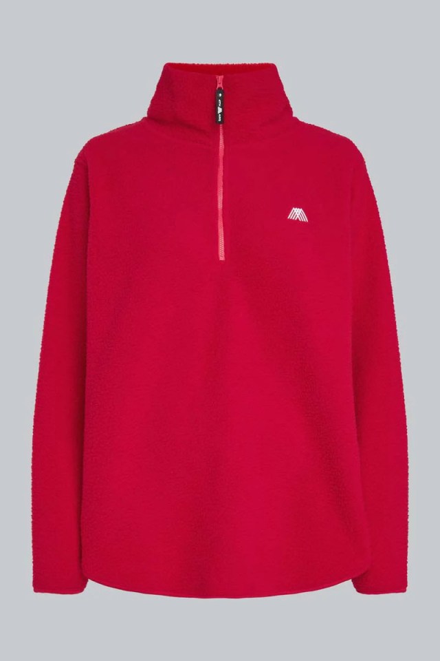 Red fleece half-zip pullover.