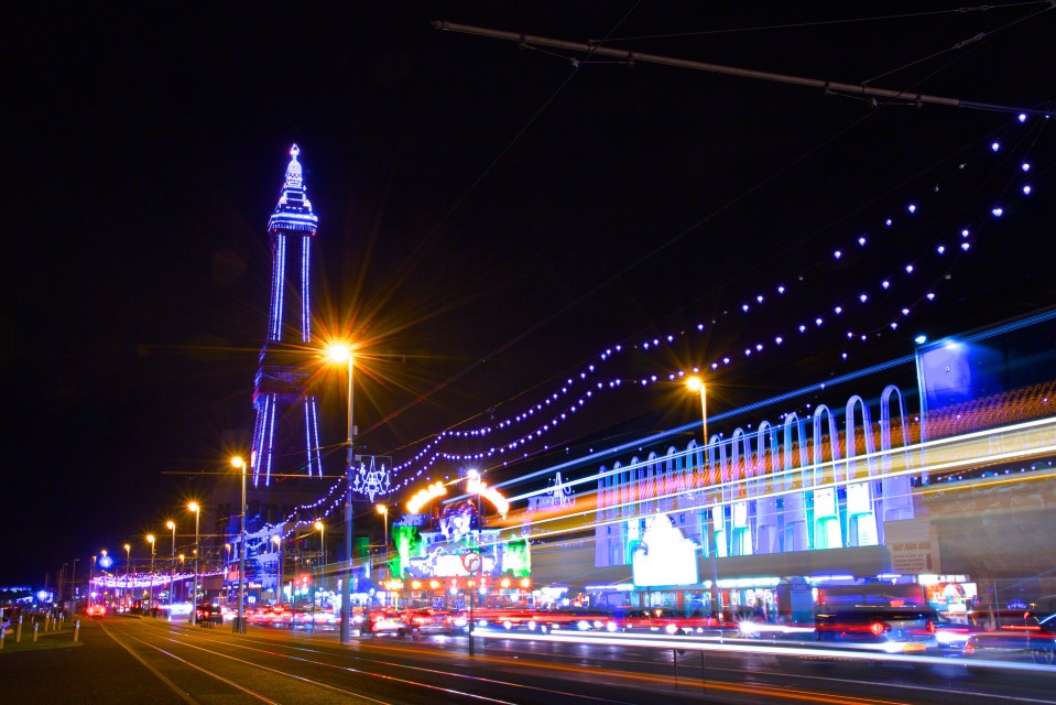 Blackpool Tower and illuminations along the Golden Mile