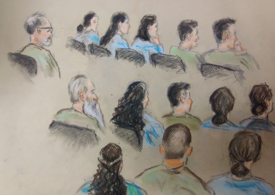 Court sketch of defendants in a manslaughter trial.