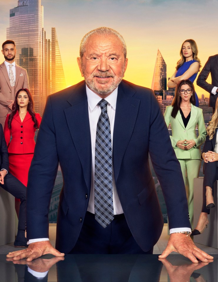 Lord Alan Sugar with the contestants of The Apprentice, in front of a London cityscape.