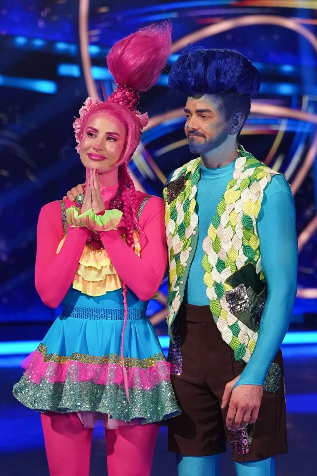 Ferne McCann and Brendyn Hatfield in costume after a Dancing on Ice performance.