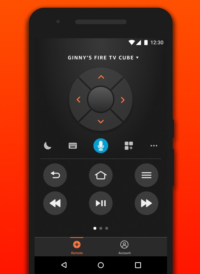 Smartphone screen displaying a Fire TV Cube remote control app.