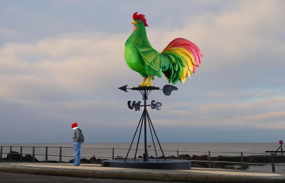 Large rooster weathervane with a rainbow tail.