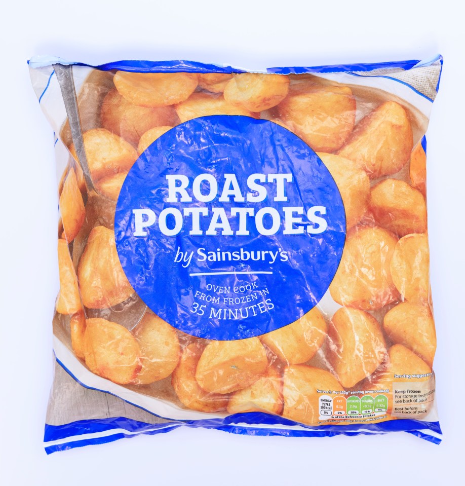 Bag of Sainsbury's frozen roast potatoes.