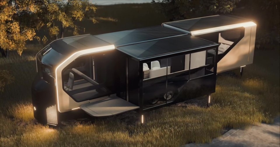 Futuristic tiny home campervan expanding its living space.