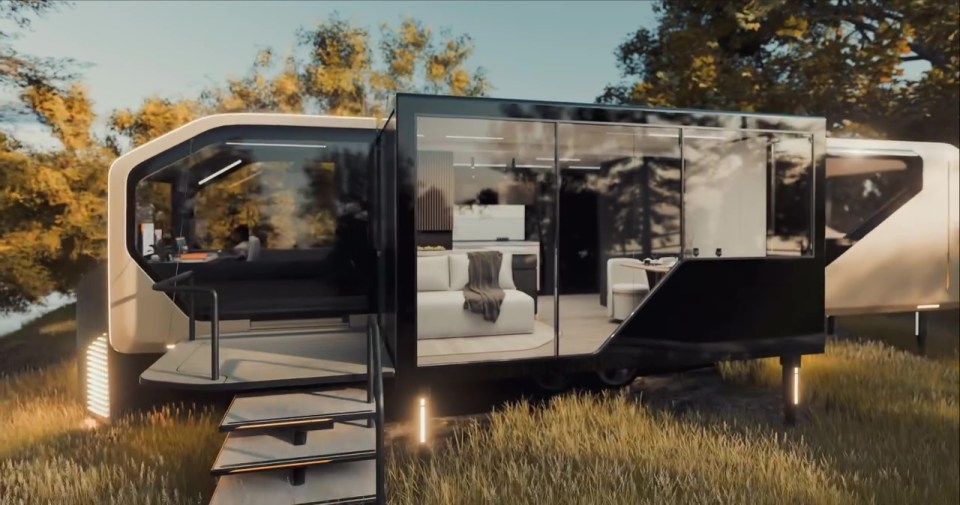 Futuristic tiny home campervan with expanding living space.