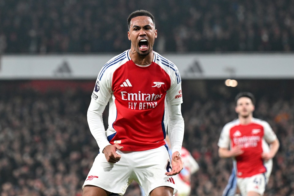 Gabriel of Arsenal celebrates scoring a goal.