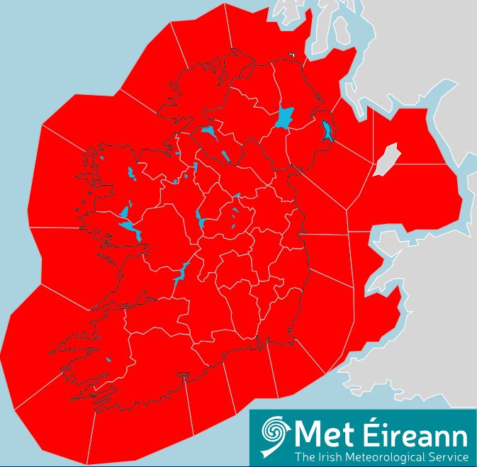 Map of Ireland showing storm-force southerly winds.