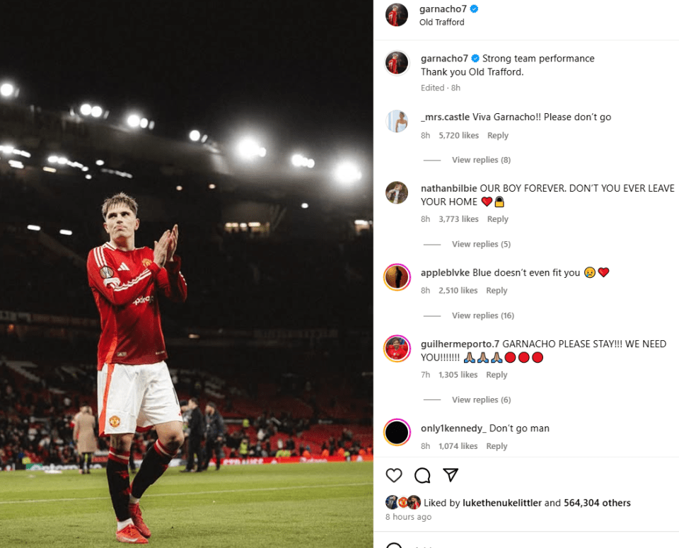 Garnacho applauding at Old Trafford.