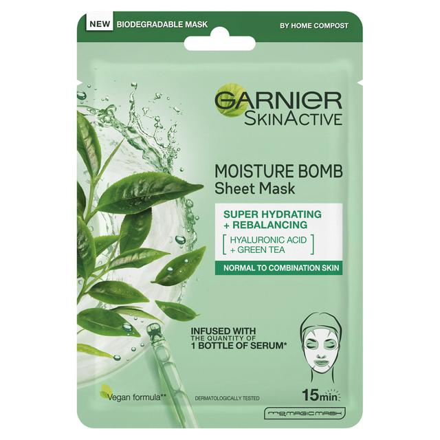 Garnier SkinActive Moisture Bomb Sheet Mask with green tea and hyaluronic acid.