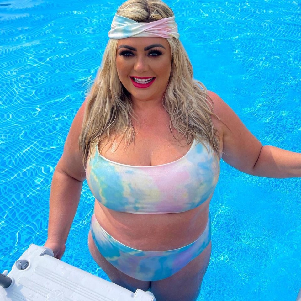 Gemma Collins in a pastel tie-dye swimsuit in a pool.