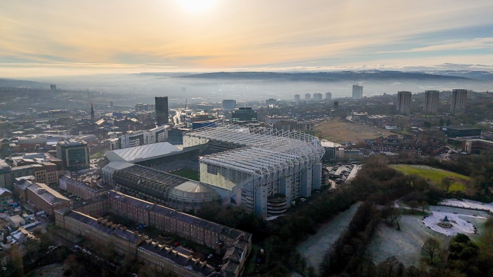 Aerial view of St. James' Park in Newcastle upon Tyne, England.