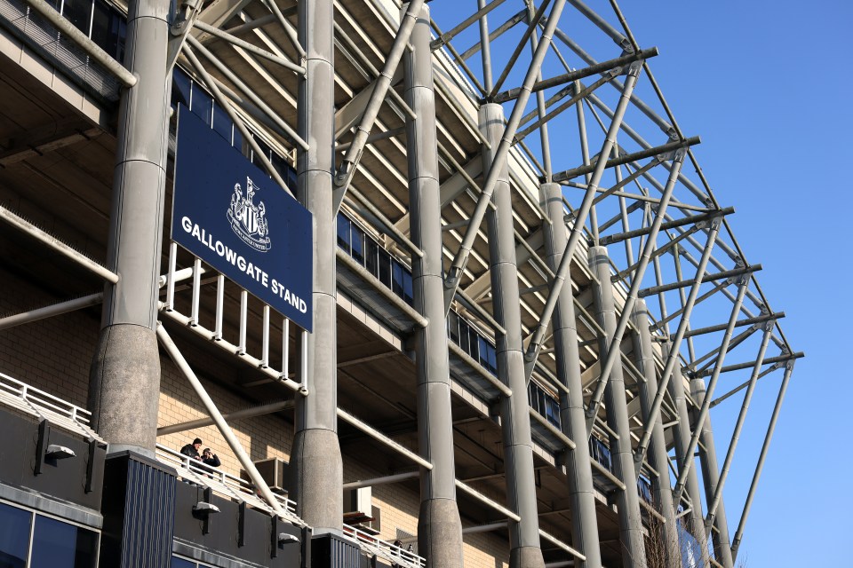 Exterior view of the Gallowgate Stand at St James' Park stadium.