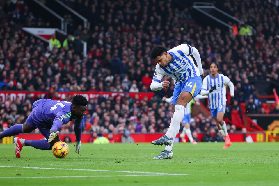 Georginio Rutter scoring a goal for Brighton against Manchester United.