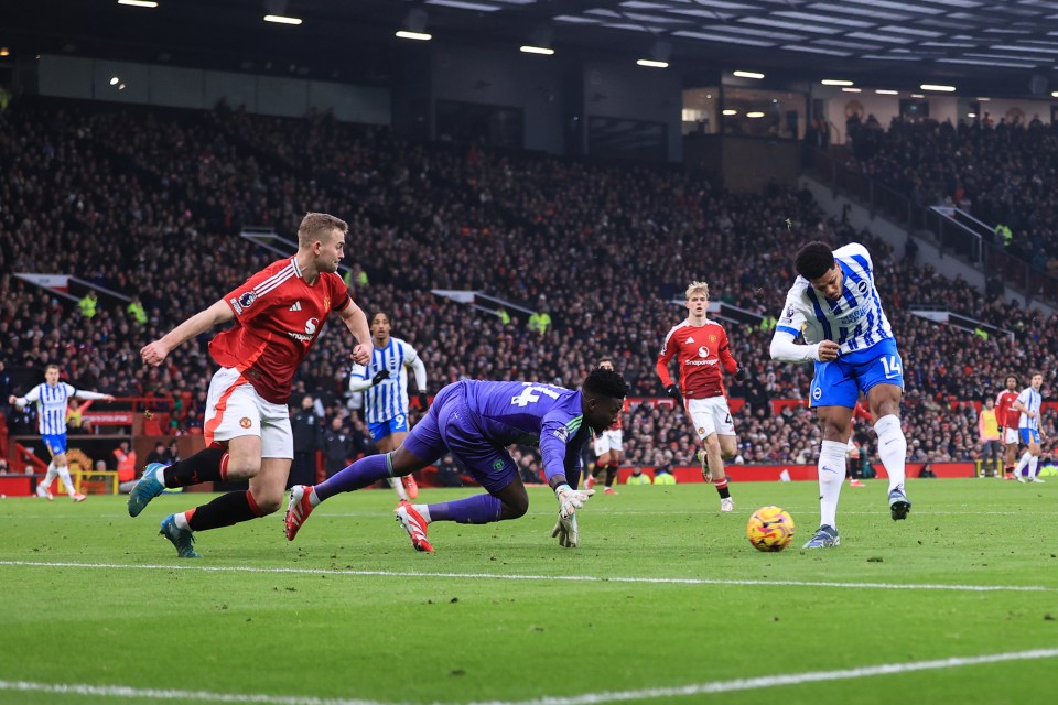 Georginio Rutter scoring a goal during a soccer match.