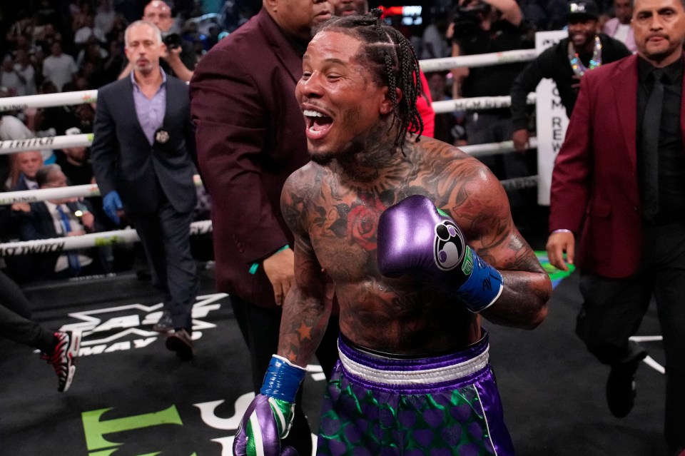 Gervonta Davis celebrates his victory over Ryan Garcia.