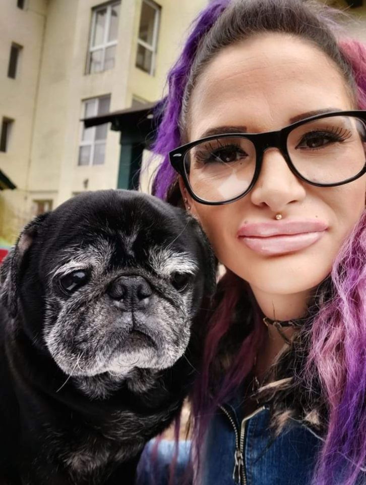 Woman with purple hair and glasses posing with her pug.