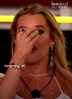 Tina from Love Island All Stars crying and saying "I'm p***ed off."