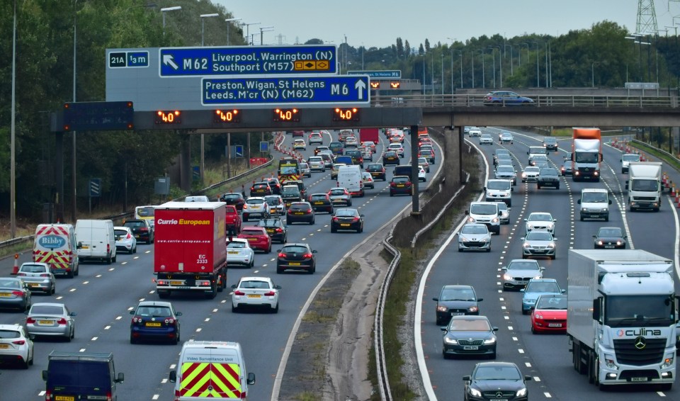 Heavy traffic on the M6 motorway in Lancashire, England.