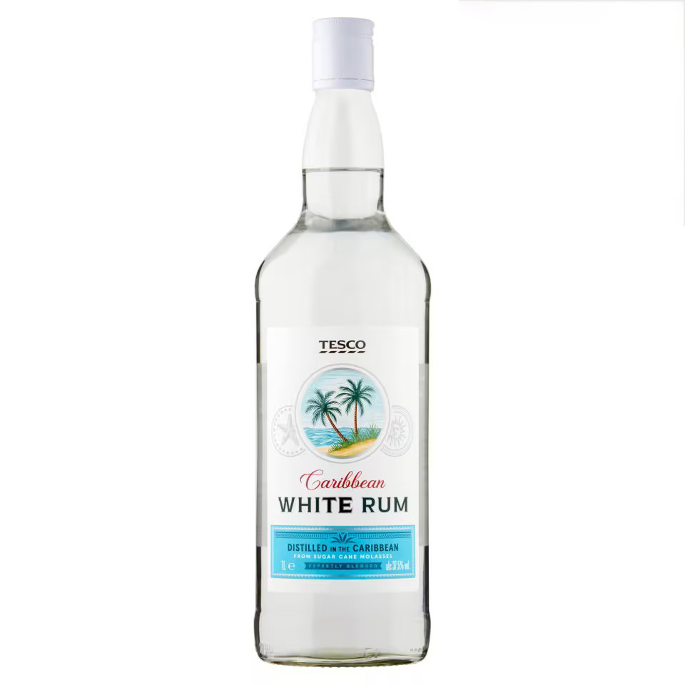 Bottle of Tesco Caribbean White Rum.