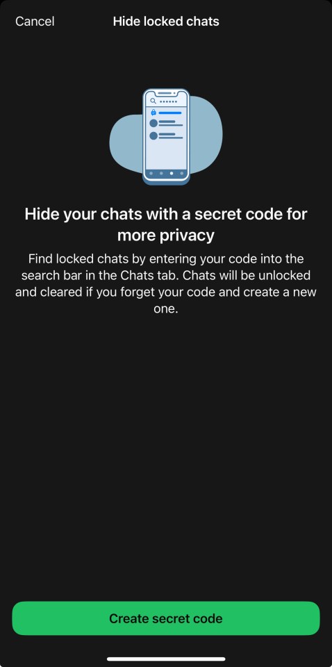 Illustration of phone screen showing how to hide chats with a secret code.