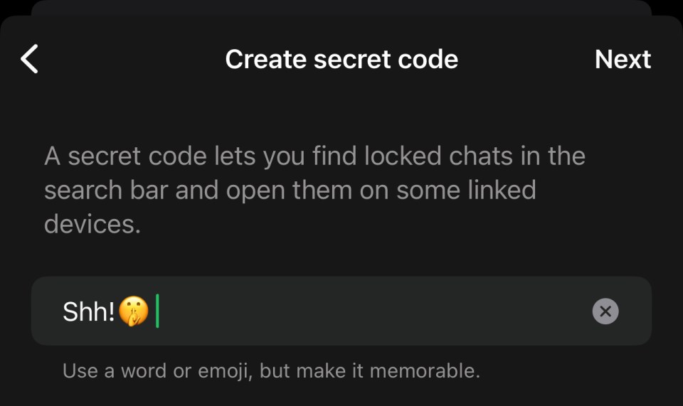 Screenshot of a screen prompting the user to create a secret code to access locked chats.