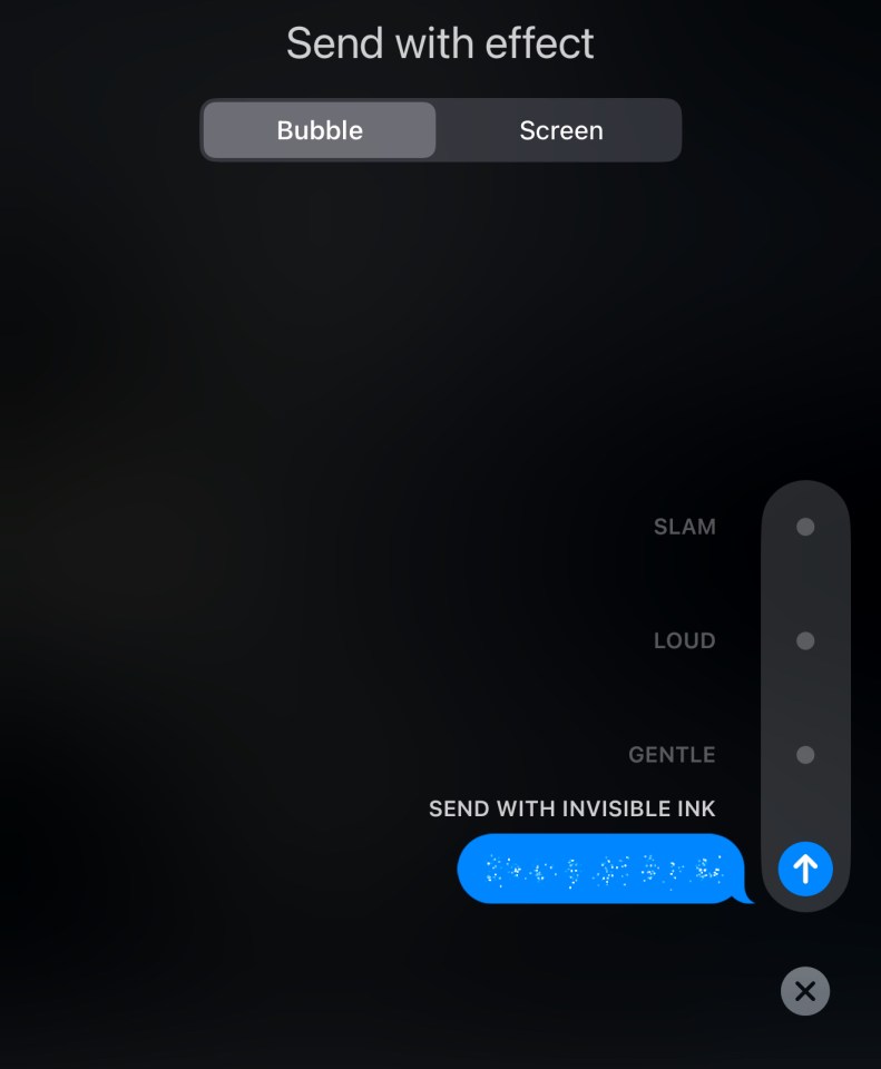 Screenshot of a phone screen showing options to send a message with different effects, including invisible ink.