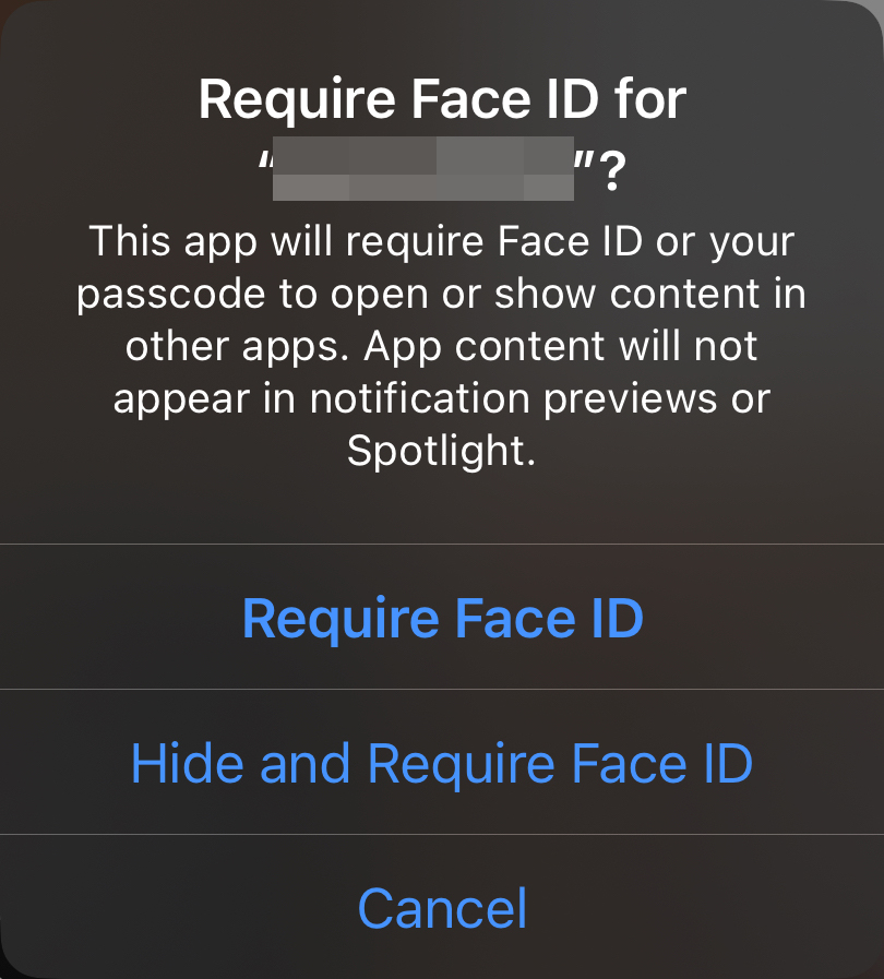 Screenshot of iPhone prompt asking whether to require Face ID for an app.