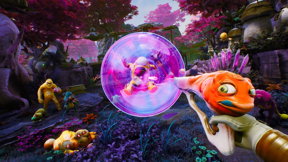 Screenshot from High on Life, showing a character inside a purple energy shield.