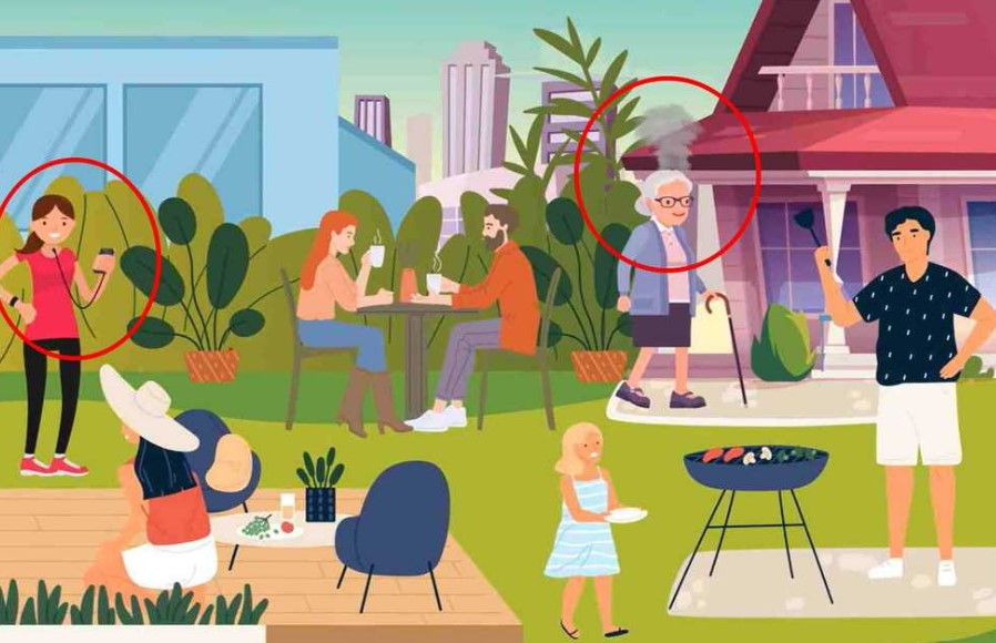 Illustration of a backyard gathering with two robots hidden among the people.