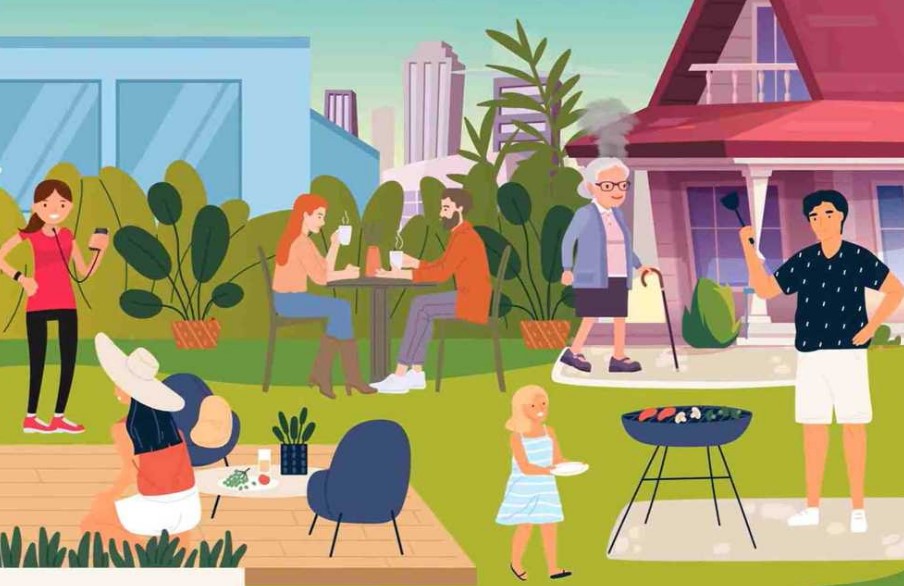 Illustration of people enjoying a backyard gathering.