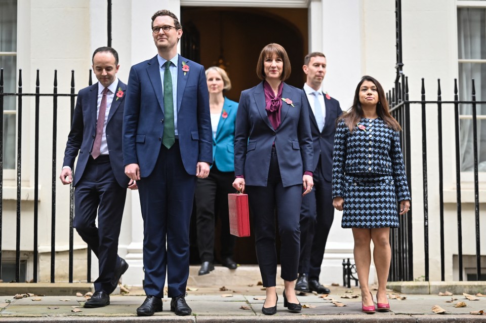 Chancellor Rachel Reeves and her Treasury team outside 11 Downing Street presenting the UK's Autumn budget.