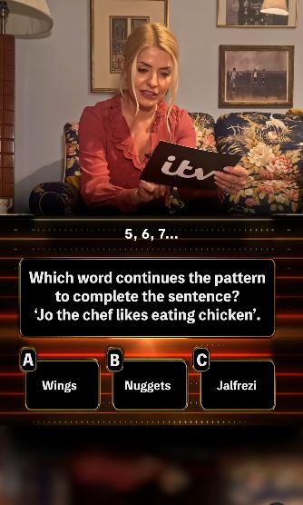 Holly Willoughby answering a quiz question: "Jo the chef likes eating chicken."  Options: wings, nuggets, jalfrezi.