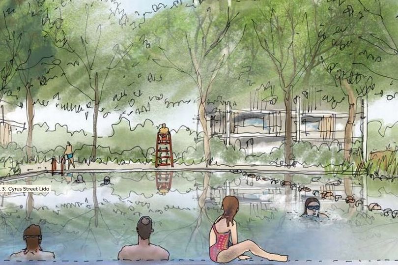 Illustration of Holt Town's Cyrus Street Lido, a new woodland town pool.