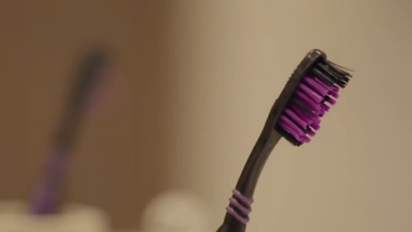 Close-up of a purple and black toothbrush.