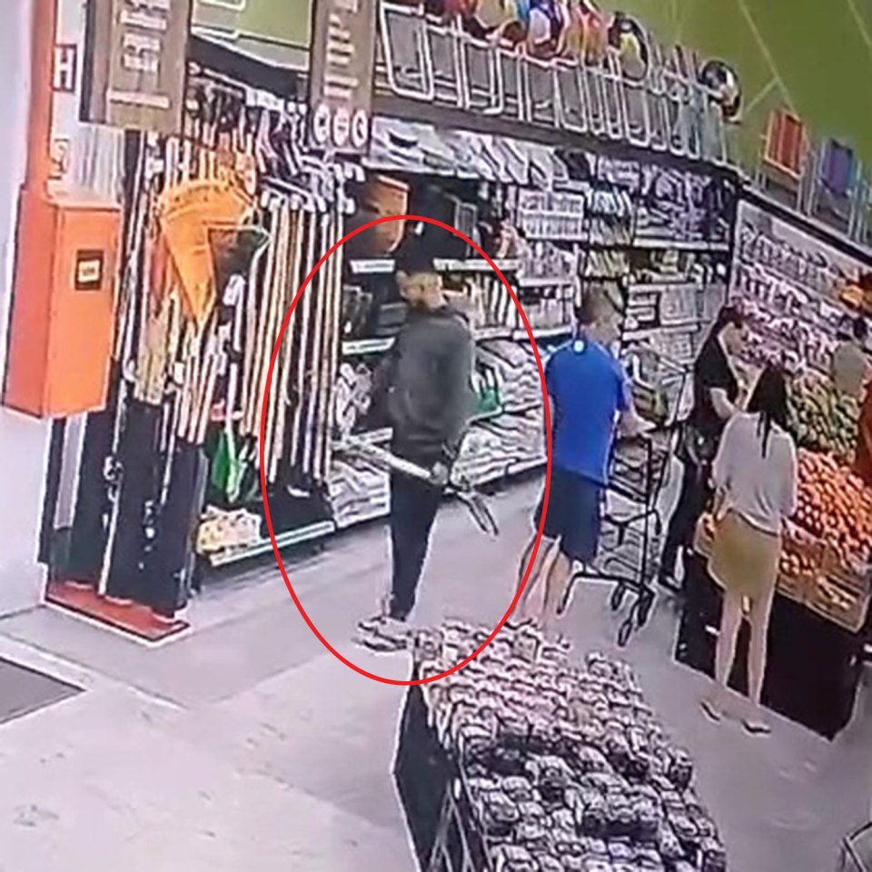 CCTV footage of a man assaulting another man with a shovel in a supermarket.