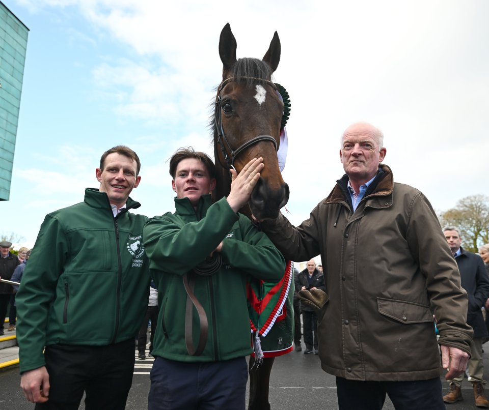 I Am Maximus, the Aintree Grand National winner, with jockey Paul Townend and trainer Willie Mullins.