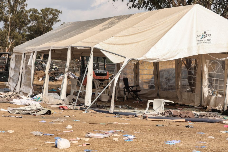 Damaged tent at the Supernova electronic music festival after a deadly attack.