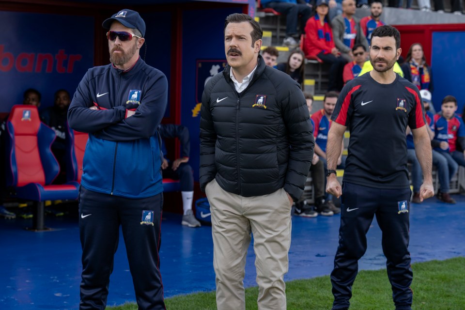 Brendan Hunt, Jason Sudeikis, and Brett Goldstein in the season three finale of "Ted Lasso."