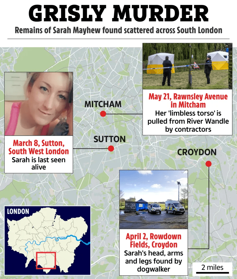 Illustration of Sarah Mayhew murder timeline map showing locations where her remains were found in South London.