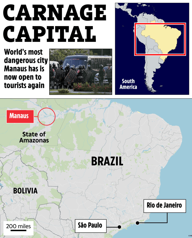 Map of Brazil highlighting Manaus, previously the world's most dangerous city, now open to tourists.