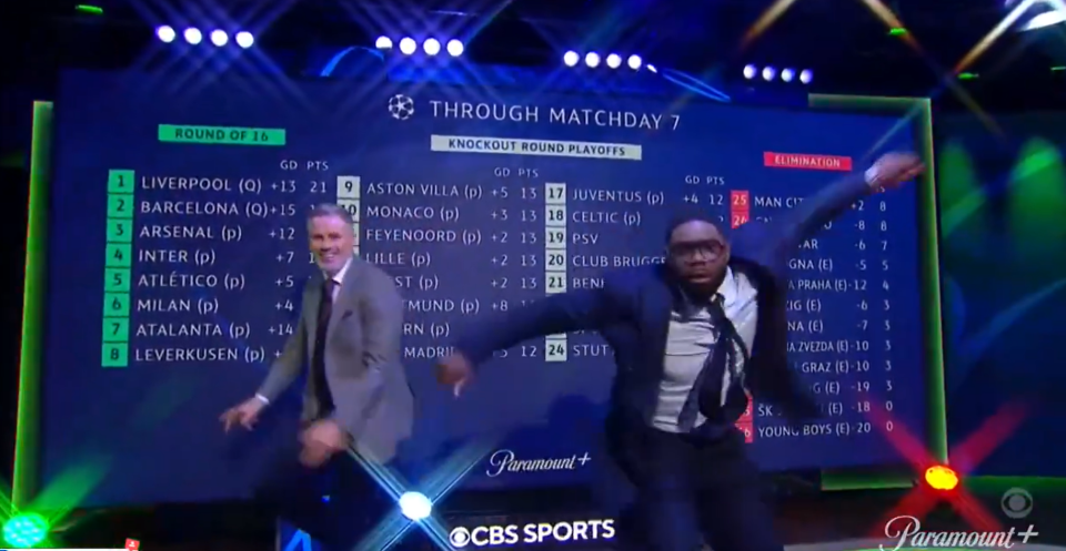 Two men dancing in front of a scoreboard showing UEFA Europa League results.