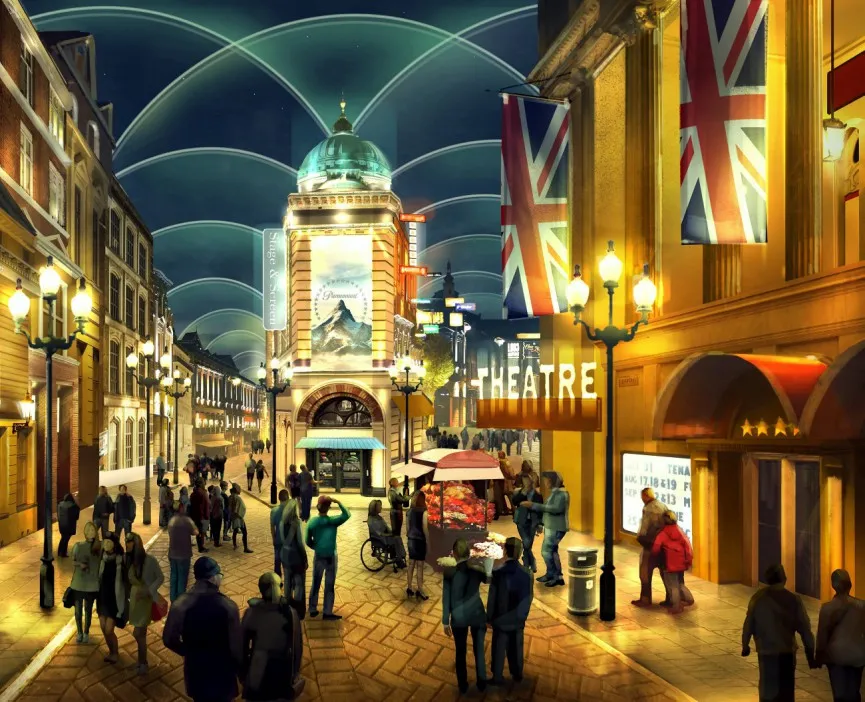 Illustration of a bustling nighttime street scene with a theatre and shops, under a display of lights.