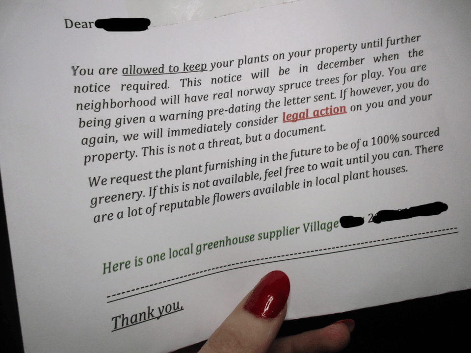 Photo of a letter informing a recipient that they can keep their plants until December, after which legal action will be considered if plants are not 100% sourced.