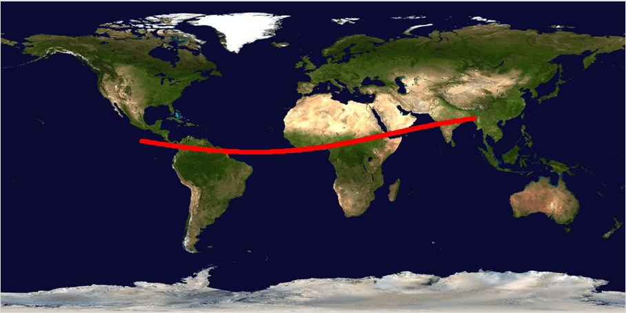 World map with a red line indicating a flight path.