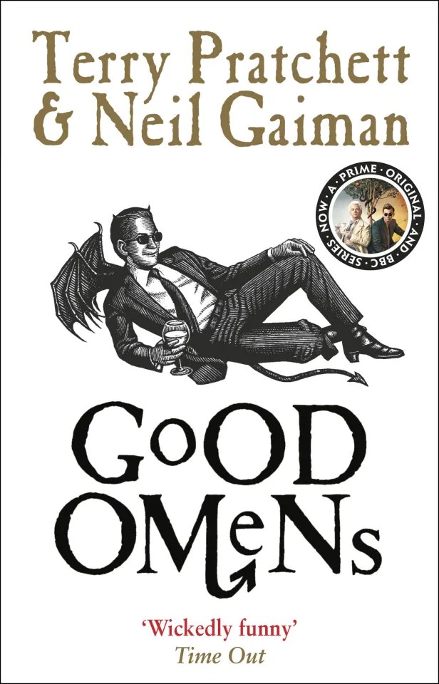 Illustration of Good Omens book cover featuring a devilish figure and the authors' names.