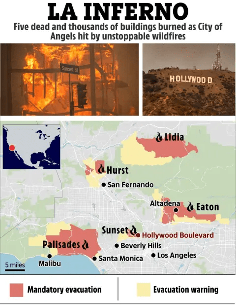 Map of Los Angeles wildfires showing areas under mandatory evacuation and evacuation warning, with five deaths and thousands of buildings burned.