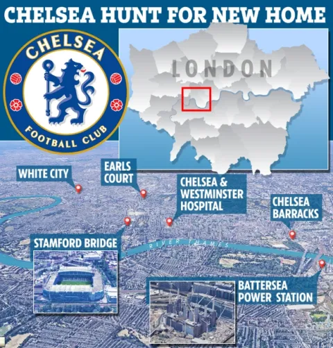 Illustration of Chelsea FC's potential new stadium locations in London.