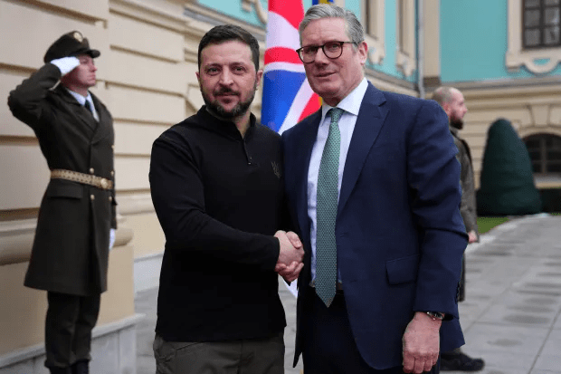 Two men shaking hands.